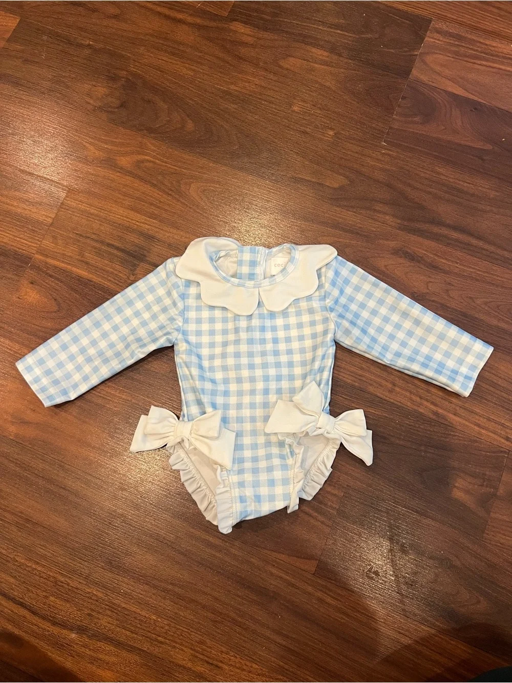 Blue Gingham Long-Sleeve Kids Swim Rashguard with White Bows and Ruffles